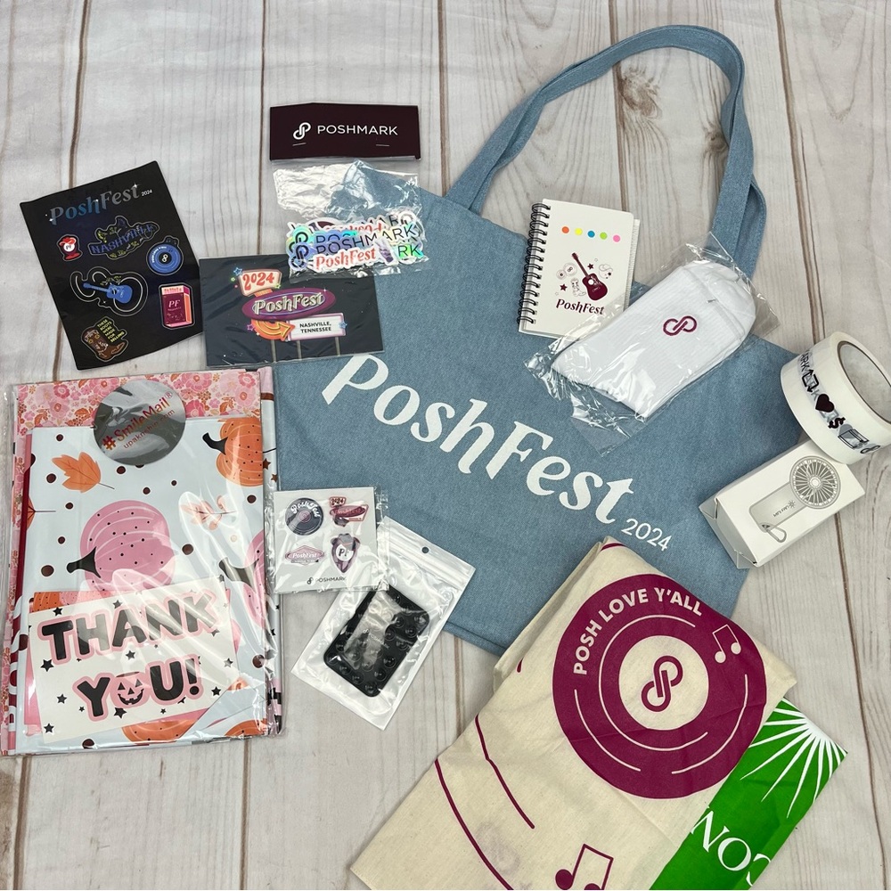 PoshFest 2024 Official Denim Chambray Tote Bag + Posh Goodies Packing Tape Socks